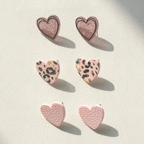 NEW 3 Pairs Heart Stud Earrings Pink & black Leopard Print heart earrings trendy - Picture 3 of 3